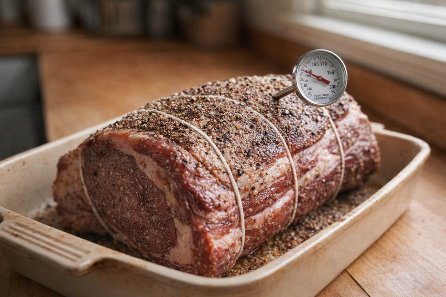 A standing rib roast, prepped and ready for roasting. Visible are the kitchen twine, seasoning of salt and pepper, and a meat thermometer inserted into the center of the roast.